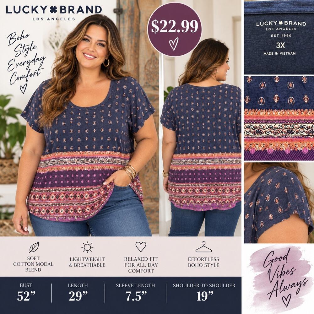 Lucky Brand Women’s 3X Navy Purple Border Print Boho Short Sleeve Top